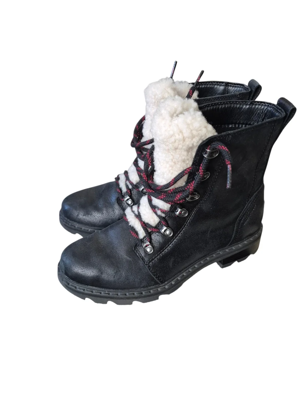 Sorel Black Leather Winter Boots with Cream Shearling‎ and Red-Accent Laces